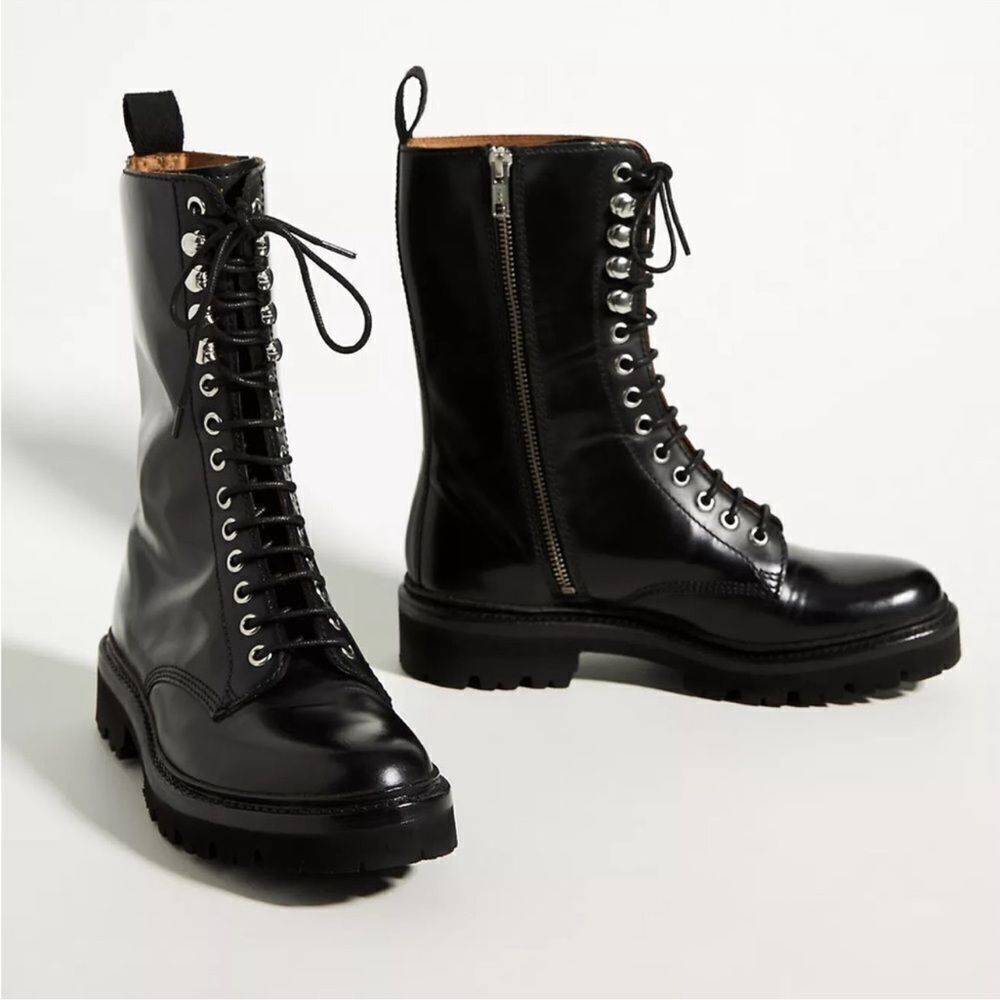 Grenson Black Leather Combat Boots with Chunky Sole